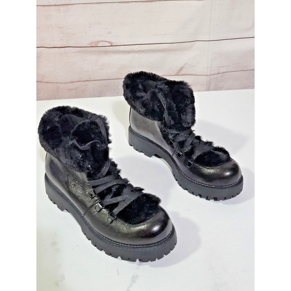 Circus Sam Edelman Kilbourn Boots Womens 7.5 Black Lace Up Faux Fur NWOB